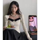 Stetnode Vintage Knitted Sweater Women Square Collar Cropped Pullovers Korean Elegant Slim Knitwear Simple Patchwork Jumpers Tops