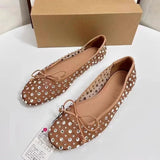 Stetnode Women Fashion Rhinestone Rivet Mesh Sandals Round Toe Shallow Mouth Breathable Ballet Flats Elegant Comfy Mules Shoes