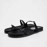 Stetnode Women Flip-flops Flat Sandals 2024 Summer Black Leather Metal Buckle Sandallias Female Outside Light Non-Slip Beach Shoes