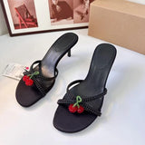 Stetnode Summer Women Cherry Bead String High Heel Sandals Sexy Round Toe Peep Toe Padded Slider Sandals Female Stilettos High Heels