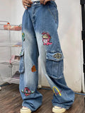 Stetnode Vintage Cartoon Embroidery Big Pocket Boyfriend Jeans