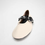 Stetnode Woman’s White Leather Ballet Flat Shoes Chic Round Head Shallow Mouth Flats Shoes Women Metal Buckle Wide Strap Rivet Shoes