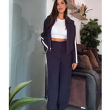 Stetnode Outfit Fashion Women 2 Piece Set 2024 Autumn Lapel Long Sleeve Zipper Sports Side Stripe Jacket Coat Street Splicing Wide Leg Pant Suit