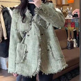 Stetnode Vintage Tweed Jackets Women Korean Tassel Patchwork Thick Warm Coats Elegant Loose Casual All Match Chic Outerwear Tops