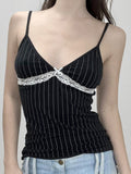 Stetnode Black Vintage Lace Patchwork Striped V Neck Cami Top