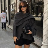 Stetnode Outfit Fashion Asymmetric Scarf Knitted Jacket Women O Neck Single Button Side Slit Solid Loose Coat Winter New Female Chic Outerwear