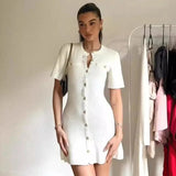 Stetnode outfit Summer Elegant White Knit Women Mini Dress Fashion O Neck Short Sleeve Single Breasted Bodycon Dress Chic Office Lady Vestidos