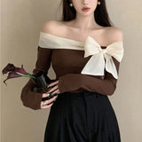 Stetnode French Elegant Sweater Women Sexy Off Shoulder Bow Slash Neck Pullovers Ladies Y2K Korean Stretch Slim Long Sleeve Tops