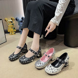 Stetnode Shoes for Women 2024 High Quality Buckle Women Pumps Autumn Round Toe Metal Decoration Solid Outdoor Chunky Heels Shallow ShoesChristmas Gifts