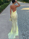 Stetnode Women Sexy Backless Sequins Dress V-neck Sling Maxi Gown High Waisted Slim Maxi Dresses 2025 New Chic Lady Party Evening Robes