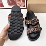 Stetnode Woman Leopard Flats Sandals Fashion Metal Buckle Female Beach Flat Slippers Slipper 2024 Summer New Outdoor Casual Shoes