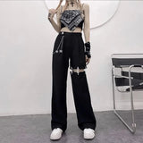 Stetnode Harajuku Hollow Out Wide Leg Pants Women Chain High Waist Straight Trousers Spring Hip Hop Streetwear All Match Trousers