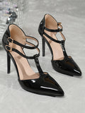 Stetnode Belt Buckle Hollow Pointed-Toe Shiny Split-Joint Pumps