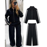 Stetnode Outfit Fashion Women 2 Piece Set 2024 Autumn Lapel Long Sleeve Zipper Sports Side Stripe Jacket Coat Street Splicing Wide Leg Pant Suit