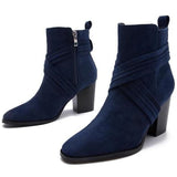 Stetnode Women Deep Blue Suede Surface High Heel Boots Sexy Point Head Side Zip Short Boots 2025 Autumn Female Elegant Chelsea Boots