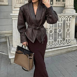 Stetnode outfit Women Faux Leather Jacket 2024 Autumn Winter Versatile Brown Long Sleeves V Neck Lace Up Coat Causal Lady High Street Outerwear