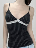 Stetnode Black Vintage Lace Patchwork Striped V Neck Cami Top