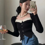 Stetnode Vintage Knitted Sweater Women Square Collar Cropped Pullovers Korean Elegant Slim Knitwear Simple Patchwork Jumpers Tops