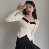 Stetnode Vintage Knitted Sweater Women Square Collar Cropped Pullovers Korean Elegant Slim Knitwear Simple Patchwork Jumpers Tops