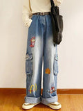 Stetnode Vintage Cartoon Embroidery Big Pocket Boyfriend Jeans