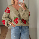 Stetnode Vintage Women Knit Cardigan Long Sleeve Strawberry Button Closure Fall Casual Jacket Sweater Y2K Fashion Streetwear