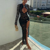 Stetnode Black Lace Slit Long Dress Women's Sexy Hollow Pleated Party Evening Gown High Waist Patchwork Female Dress Robe Outfits