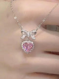 Stetnode Sweet Glittering Bow Pink Heart Pendant Necklace