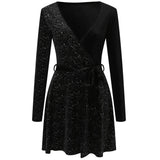 Stetnode outfit Sexy Deep V Velvet Sequined Mini Dress Women Party Solid Long Sleeved A Line Dresses Elegant Autumn Winter Evening Gown Dress