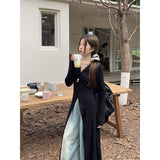 Stetnode Streetwear Black Midi Dress Women Y2K V Neck Tunic Robe Korean Fashion Long Sleeve Slim All Match One Pieces Dresses New