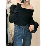 Stetnode Elegant Slash Neck Sweater Women Sexy Off Shoulder Black Knitted Pullovers Korean Aesthetic Knitwear Long Sleeve Jumpers