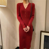 Stetnode Elegant Knitted Midi Dress Women High Waist V Neck A Line Dresses Autumn Winter Office Lady Korean Solid Slim Vestidos New