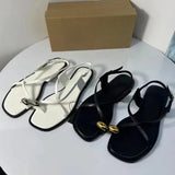 Stetnode Woman New White Flat Sandals Retro Square Toes Thin Strap Flats For Women Summer Chic Metal Comfortable Flat Sandals Shoes