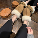 Stetnode Leather Fur Slippers For Woman 2024 Autumn Winter New Maroon Fashion Round Toe Thermal Cotton Shoes Fleece Cotton Slippers