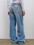 Stetnode Blue Retro Leopard Print Star Boyfriend Jeans