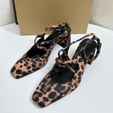 Stetnode Woman Chic Leopard Print High Heels Vintage Square Head Shallow Mouth Slingback Sandals Shoes Vintage Female Mary Jane Shoe