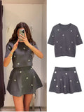 Stetnode Spring Outfits Elegant Jewelry Knitted Skirts Set Women Sweet O-neck Short Sleeve Tops Mini Skirt Suit 2025 Autumn Lady New In Matching Sets