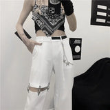 Stetnode Vintage Harajuku Hollow Out Wide Leg Pants Women High Waist Casual Korean Streetwear Cargo Pants Summer Hip Hop Gothic Pants New