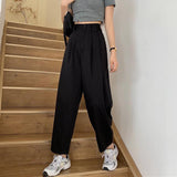 Stetnode Fashion Loose Streetwear Women Wide Leg Pants Summer Elastic High Waist Suit Pants Retro Solid Black Female Trousers New S - 4XL