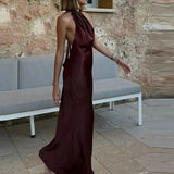 Stetnode Outfit Elegant Halter Satin Maxi Dress Women Tied Backless Brown Slim Midi Dress Off Shoulder Party Dresses Pleated Evening Party Dress