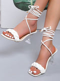 Stetnode Lace-Up Open Toe Split-Joint Square-Toe Pumps Sandals