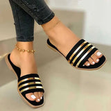 Stetnode Women Slippers 2024 New Metal Striped Summer Flat Shoes Fashion Slip on Slides Outdoor Female Casual Women Sandals Plus Size 43