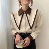 Stetnode Vintage Elegant Shirts Women Chiffon Patchwork Ruffle Turn Down Collar Long Sleeve Blouse Korean Office Lady Loose Tops