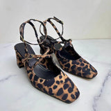 Stetnode Woman Chic Leopard Print High Heels Vintage Square Head Shallow Mouth Slingback Sandals Shoes Vintage Female Mary Jane Shoe