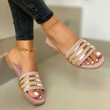 Stetnode Women Slippers 2024 New Metal Striped Summer Flat Shoes Fashion Slip on Slides Outdoor Female Casual Women Sandals Plus Size 43