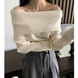 Stetnode Elegant Slash Neck Sweater Women Sexy Off Shoulder Black Knitted Pullovers Korean Aesthetic Knitwear Long Sleeve Jumpers