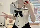 Stetnode nye outfits party outfits  White Navy Sailor Collar Blouse Short Sleeve Cute Top for Women Preppy Style Lolita Shirts Kawaii School Clothes Japan