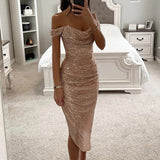 Stetnode outfit Sexy Asymmetrical Shinny Glitter Fold Long Dress Women Elegant Solid 2024 Winter Banquet Dresses One Shoulder Bodycon Party Robe