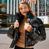 Stetnode Winter Warm Thick PU Leather Coats Women Short Parkas Fashion Black Cotton Padded Lady Down Jacket Elegant Zipper Clothes 2023