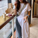 Stetnode L-4Xl T Shirt Dress Women Oversized Slit Irregular White Dresses Summer Korean Streetwear Split Button Pleated Casual Robe