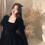 Stetnode Vintage Black Velvet Mini Dress Women Party Square Collar Dresses Ladies Korean Elegant Puff Long Sleeve Bodycon Vestidos